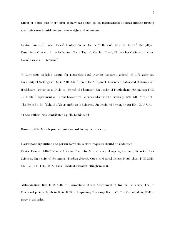 Effect of acute and short-term dietary fat ingestion on postprandial skeletal muscle protein synthesis rates in middle-aged, overweight, and obese men Thumbnail