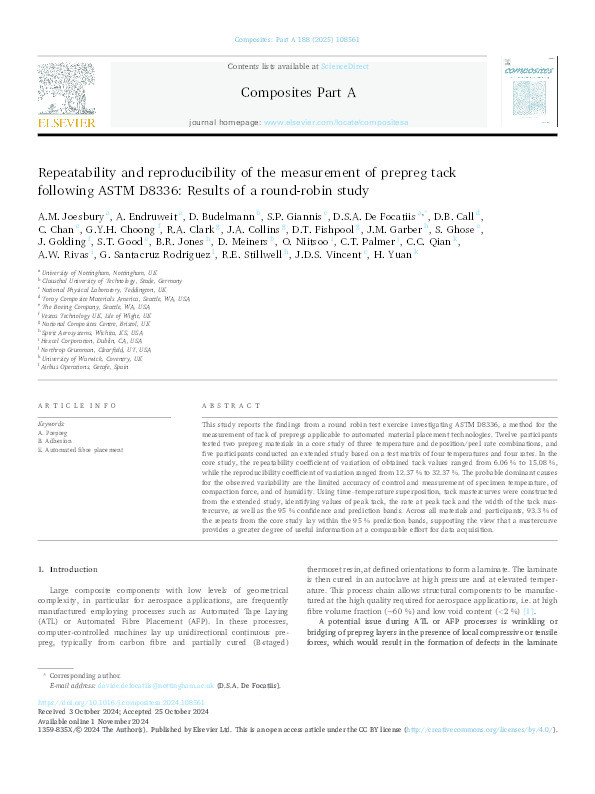 Repeatability and reproducibility of the measurement of prepreg tack following ASTM D8336: Results of a round-robin study Thumbnail