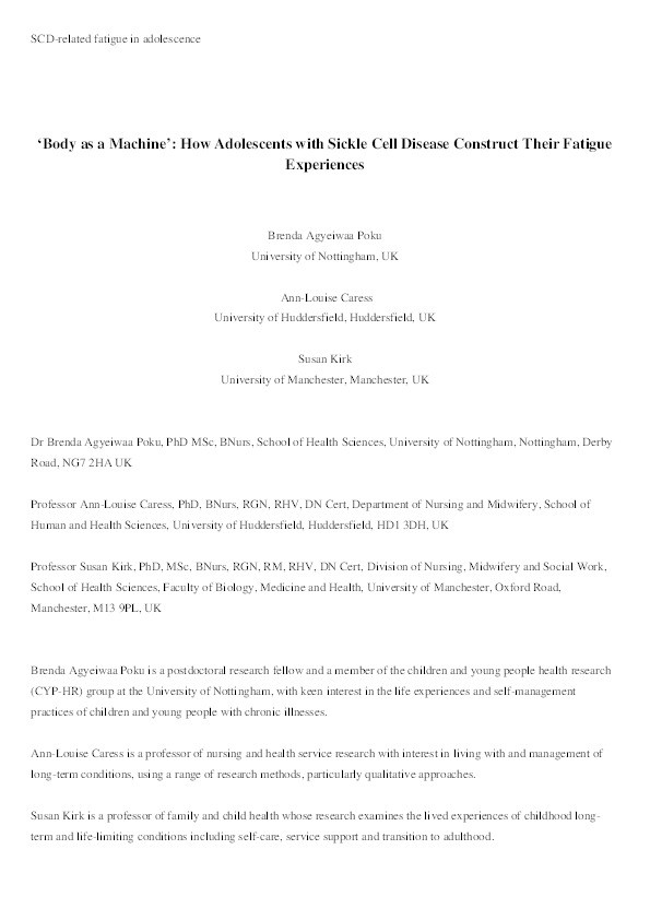 “Body as a Machine”: How Adolescents With Sickle Cell Disease Construct Their Fatigue Experiences Thumbnail