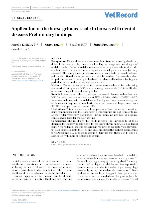 Application of the horse grimace scale in horses with dental disease: Preliminary findings Thumbnail