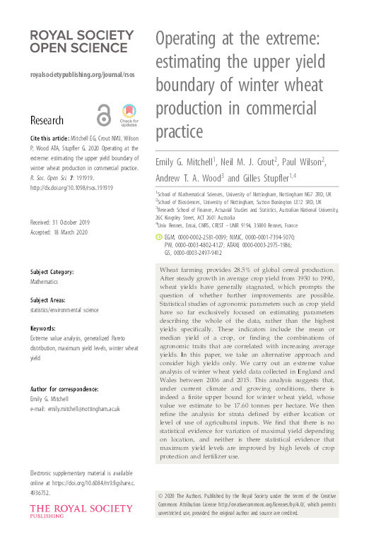 Operating at the extreme: Estimating the upper yield boundary of winter wheat production in commercial practice Thumbnail