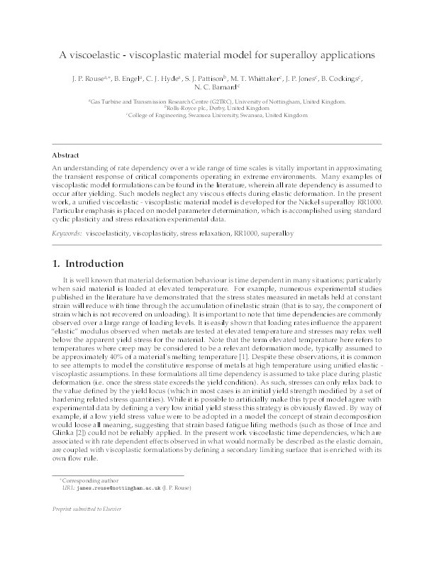 A viscoelastic – viscoplastic material model for superalloy applications Thumbnail