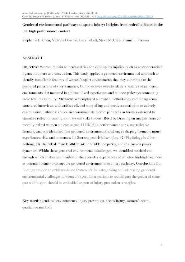 Gendered environmental pathways to sports injury: insights from retired athletes in the UK high-performance context Thumbnail