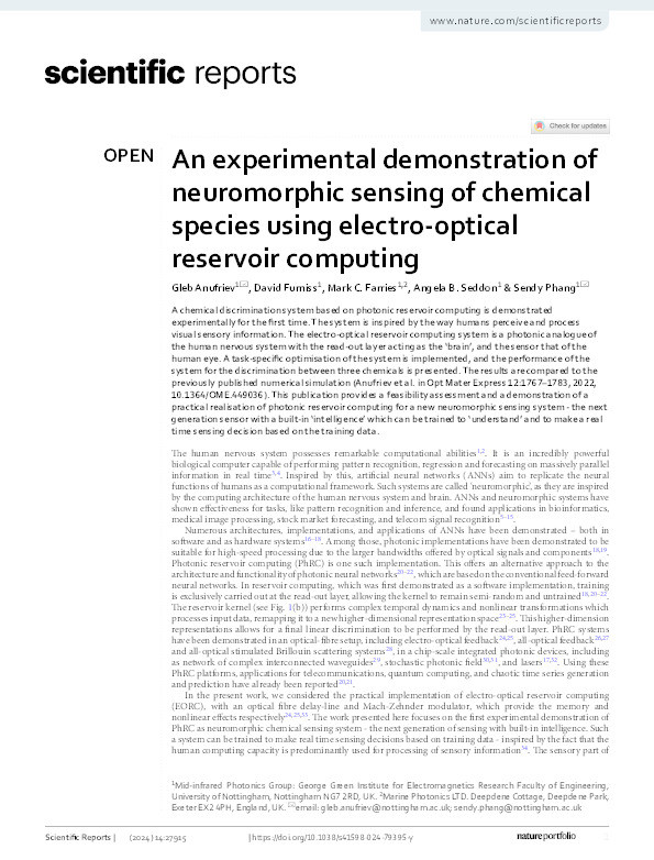 An experimental demonstration of neuromorphic sensing of chemical species using electro-optical reservoir computing Thumbnail