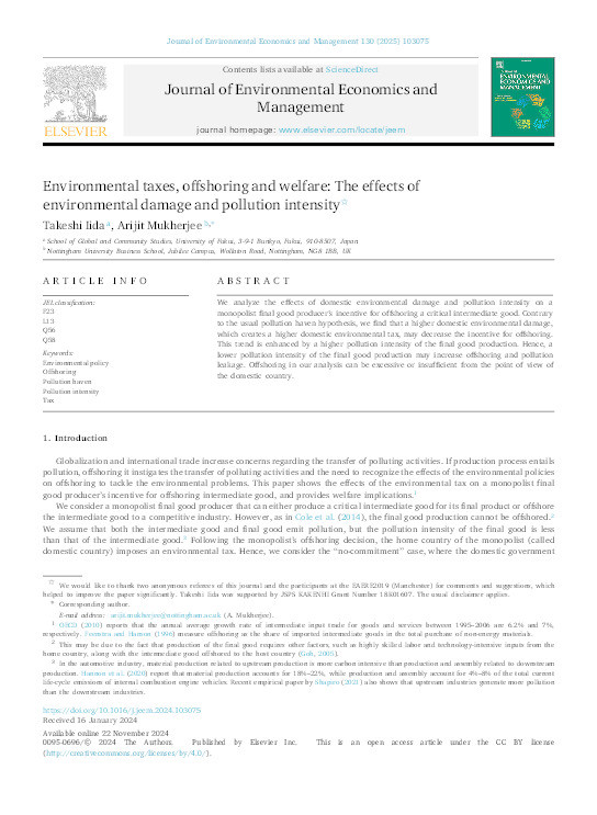 Environmental taxes, offshoring and welfare: The effects of environmental damage and pollution intensity Thumbnail