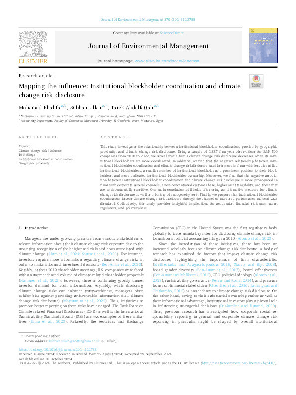 Mapping the influence: Institutional blockholder coordination and climate change risk disclosure Thumbnail