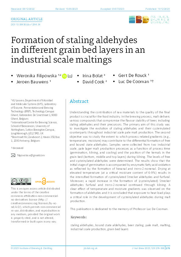 Formation of staling aldehydes in different grain bed layers in an industrial scale maltings Thumbnail