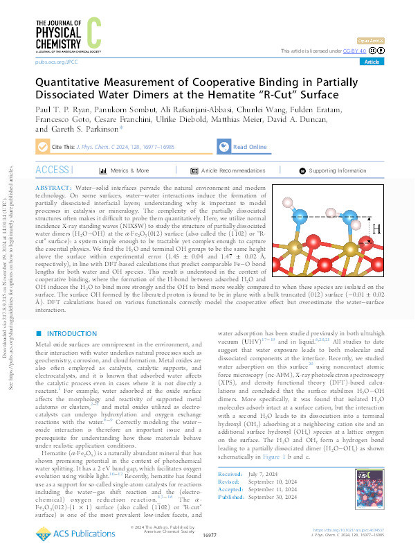 Quantitative Measurement of Cooperative Binding in Partially Dissociated Water Dimers at the Hematite “R-Cut” Surface Thumbnail