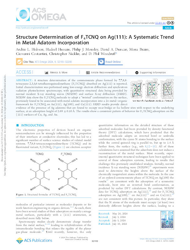 Structure Determination of F4TCNQ on Ag(111): A Systematic Trend in Metal Adatom Incorporation Thumbnail