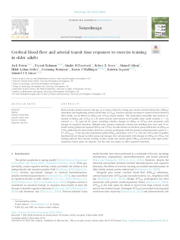 Cerebral blood flow and arterial transit time responses to exercise training in older adults Thumbnail