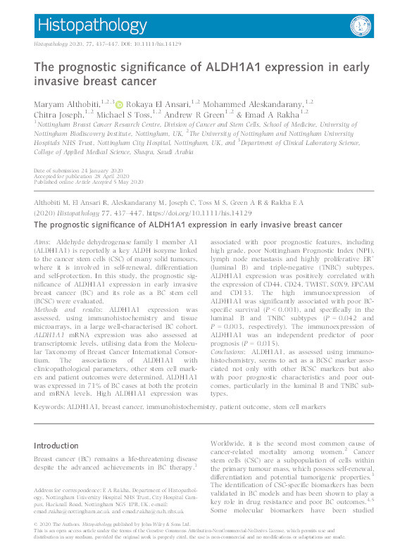 The prognostic significance of ALDH1A1 expression in early invasive breast cancer Thumbnail