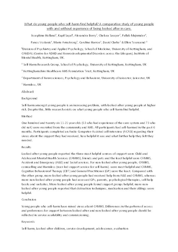 What do young people who self-harm find helpful? A comparative study of young people with and without experience of being looked after in care: What do young people who self-harm find helpful? Thumbnail