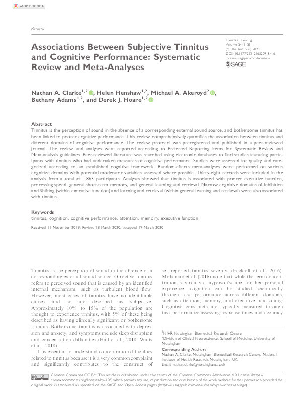 Associations Between Subjective Tinnitus and Cognitive Performance: Systematic Review and Meta-Analyses Thumbnail