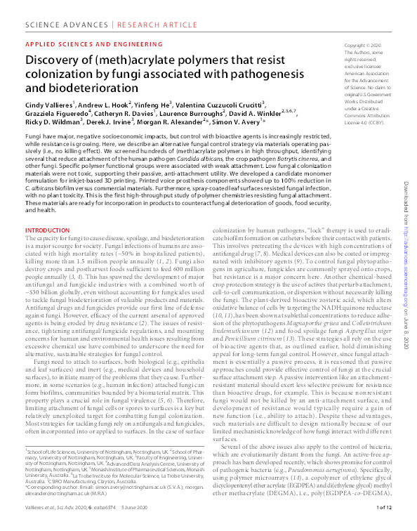 Discovery of (meth)acrylate polymers that resist colonization by fungi associated with pathogenesis and biodeterioration Thumbnail