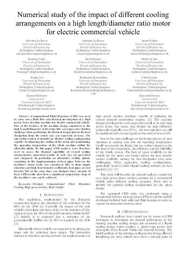 Numerical study of the impact of different cooling arrangements on a high length/diameter ratio motor for electric commercial vehicle Thumbnail