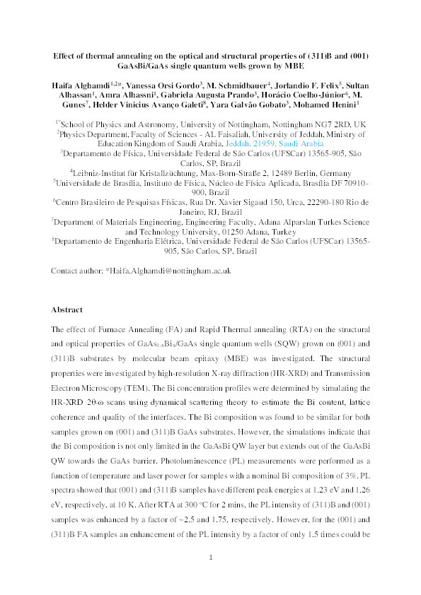 Effect of thermal annealing on the opticaland structural properties of (311)B and(001) GaAsBi/GaAs single quantum wellsgrown by MBE Thumbnail