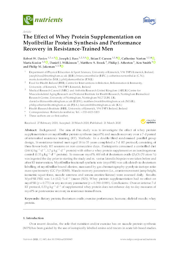 The Effect of Whey Protein Supplementation on Myofibrillar Protein Synthesis and Performance Recovery in Resistance-Trained Men Thumbnail
