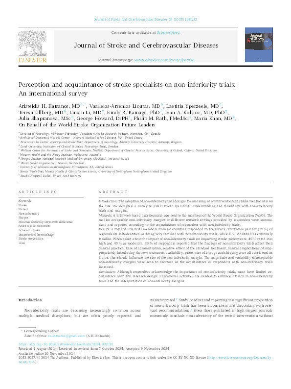 Perception and acquaintance of stroke specialists on non-inferiority trials: An international survey Thumbnail
