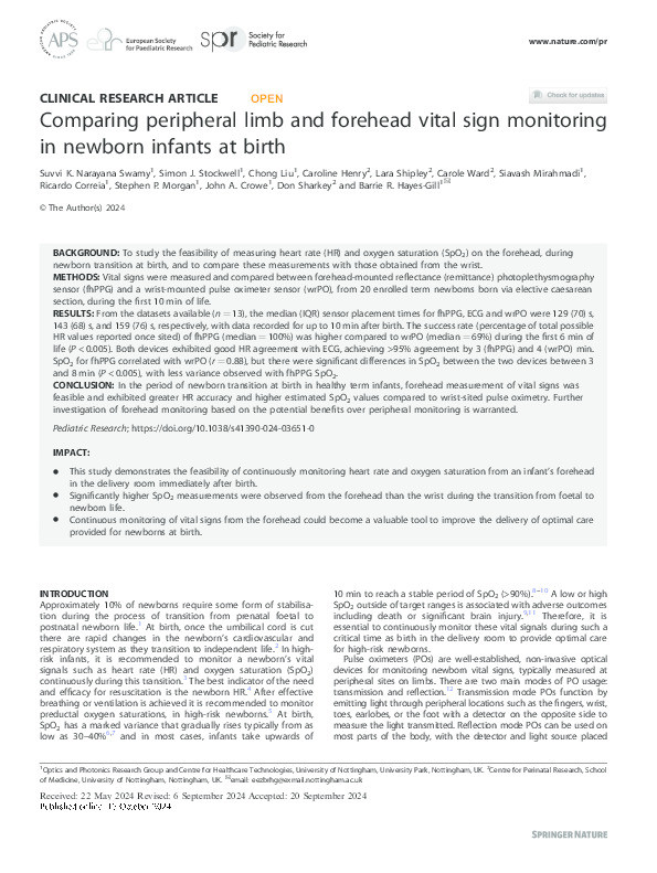 Comparing peripheral limb and forehead vital sign monitoring in newborn infants at birth Thumbnail