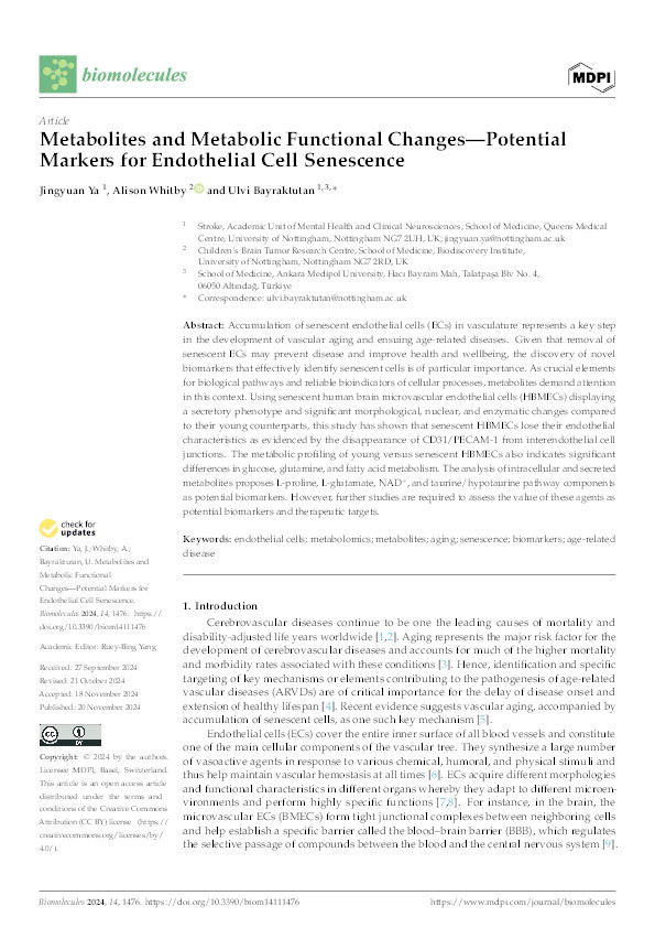 Metabolites and Metabolic Functional Changes—Potential Markers for Endothelial Cell Senescence Thumbnail