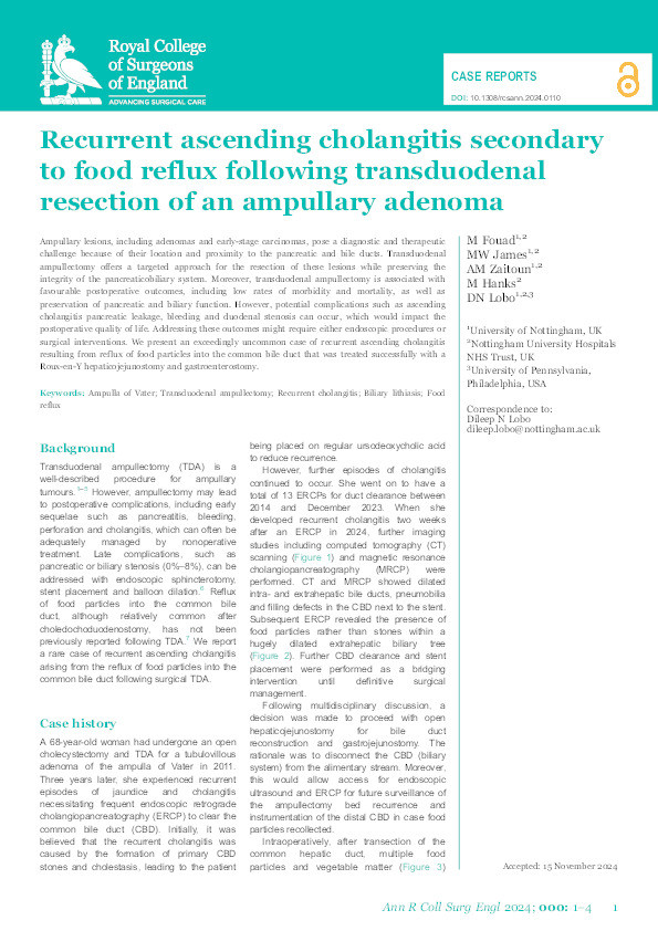 Recurrent ascending cholangitis secondary to food reflux following transduodenal resection of an ampullary adenoma Thumbnail