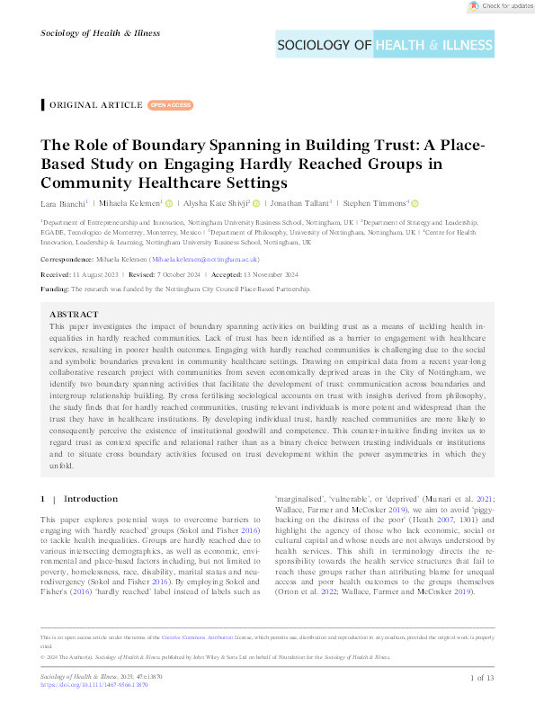 The Role of Boundary Spanning in Building Trust: A Place‐Based Study on Engaging Hardly Reached Groups in Community Healthcare Settings Thumbnail