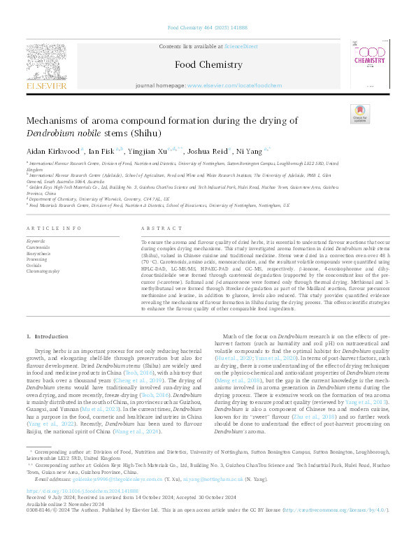 Mechanisms of aroma compound formation during the drying of Dendrobium nobile stems (Shihu) Thumbnail