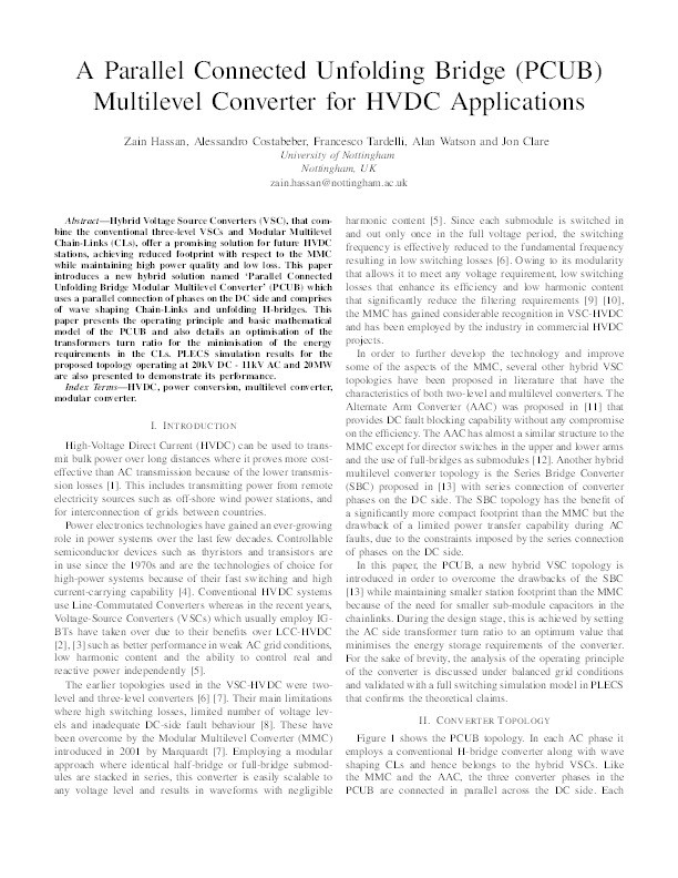 A Parallel Connected Unfolding Bridge (PCUB) Multilevel Converter for HVDC Applications Thumbnail