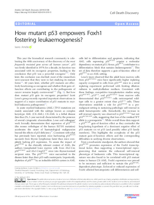 How mutant p53 empowers Foxh1 fostering leukaemogenesis? Thumbnail