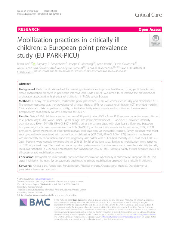 Mobilization practices in critically ill children: A European point prevalence study (EU PARK-PICU) Thumbnail