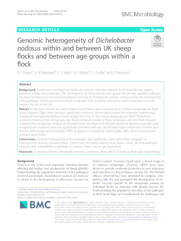 Genomic heterogeneity of Dichelobacter nodosus within and between UK sheep flocks and between age groups within a flock Thumbnail