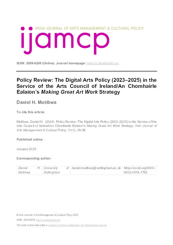 Policy Review: The Digital Arts Policy (2023–2025) in the Service of the Arts Council of Ireland/An Chomhairle Ealaíon’s Making Great Art Work Strategy Thumbnail