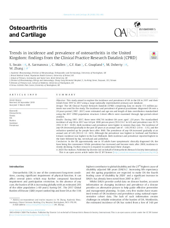 Trends in incidence and prevalence of osteoarthritis in the United Kingdom: findings from the Clinical Practice Research Datalink (CPRD) Thumbnail