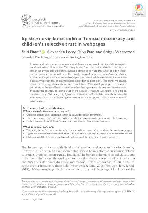 Epistemic vigilance online: Textual inaccuracy and children's selective trust in webpages Thumbnail