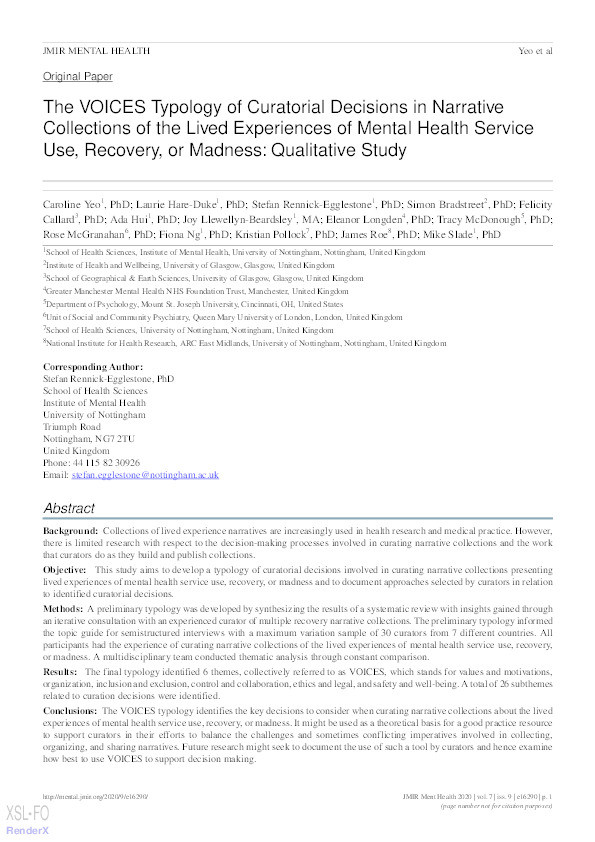 The VOICES Typology of Curatorial Decisions in Narrative Collections of the Lived Experiences of Mental Health Service Use, Recovery, or Madness: Qualitative Study Thumbnail