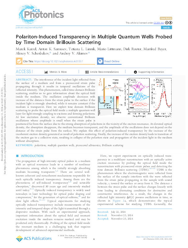 Polariton-induced transparency in multiple quantum wells probed by time domain Brillouin scattering Thumbnail