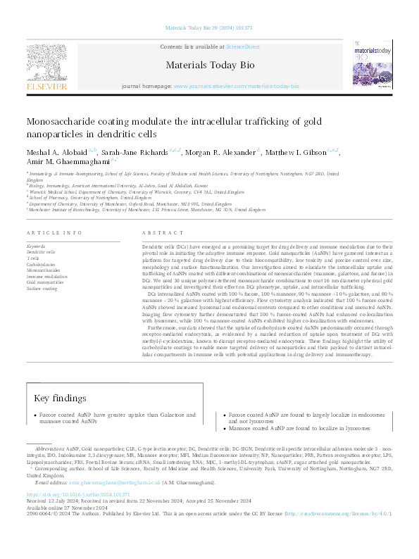 Monosaccharide coating modulate the intracellular trafficking of gold nanoparticles in dendritic cells Thumbnail