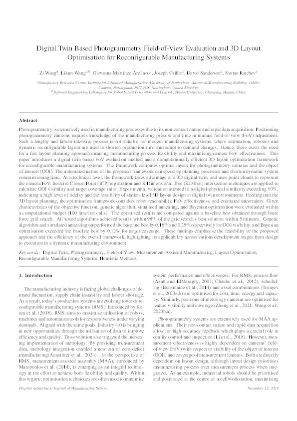 Digital twin based photogrammetry field-of-view evaluation and 3D layout optimisation for reconfigurable manufacturing systems Thumbnail