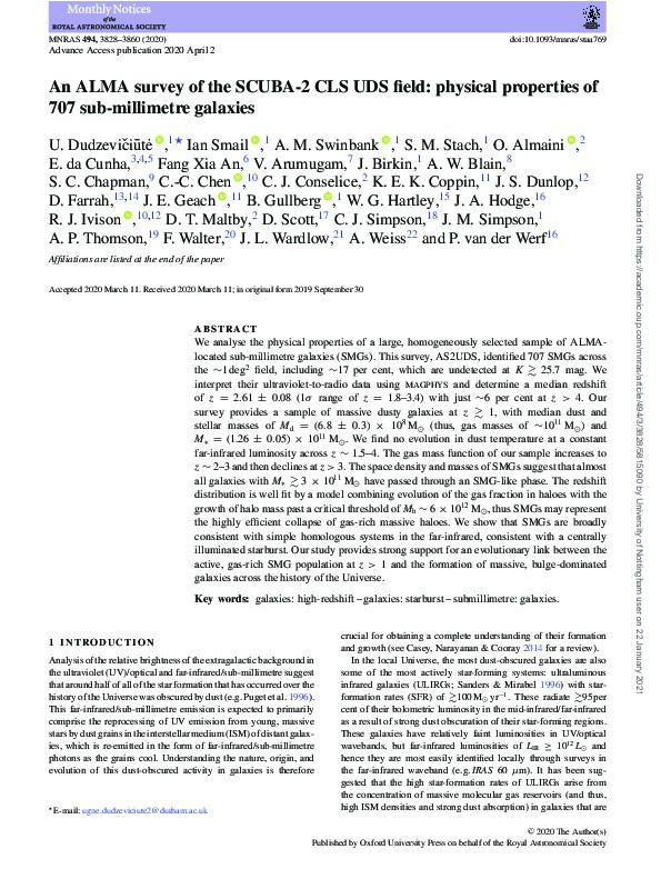 An ALMA survey of the SCUBA-2 CLS UDS field: Physical properties of 707 Sub-millimetre Galaxies Thumbnail