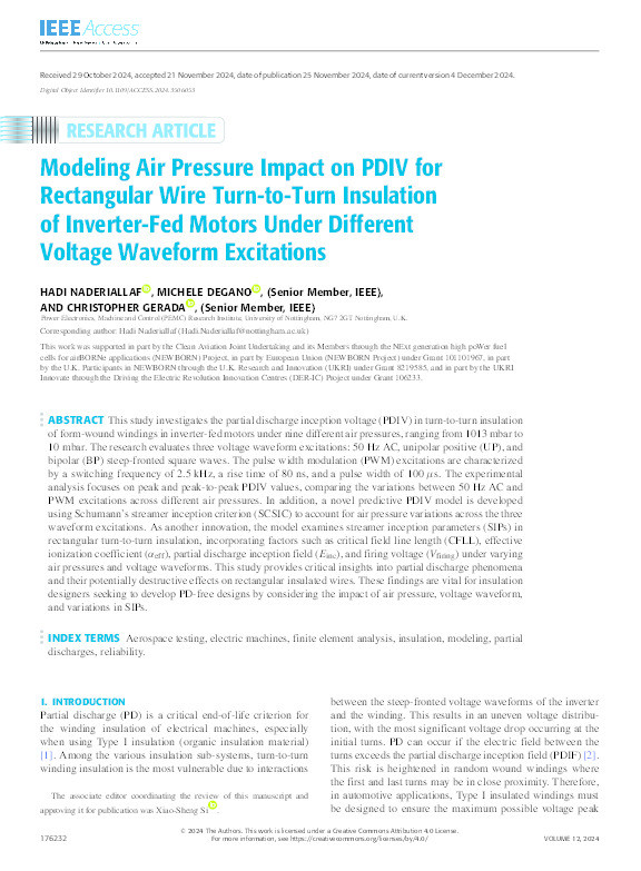 Modeling Air Pressure Impact on PDIV for Rectangular Wire Turn-to-Turn Insulation of Inverter-Fed Motors under Different Voltage Waveform Excitations Thumbnail