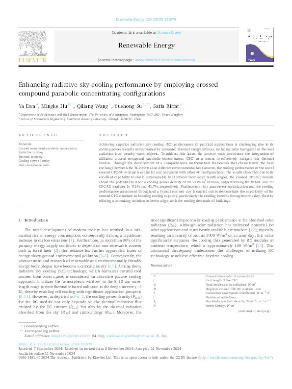 Enhancing radiative sky cooling performance by employing crossed compound parabolic concentrating configurations Thumbnail