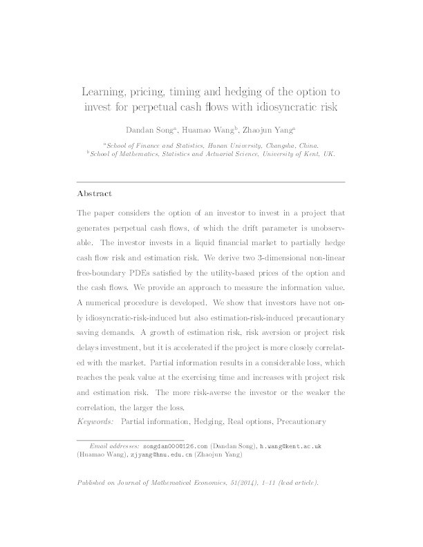 Learning, pricing, timing and hedging of the option to invest for perpetual cash flows with idiosyncratic risk Thumbnail