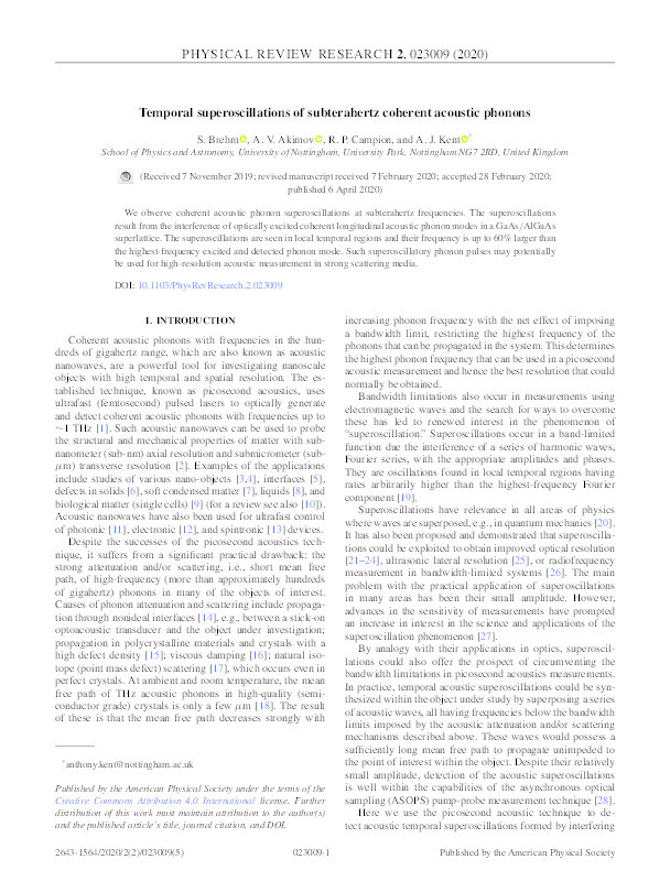 Temporal superoscillations of subterahertz coherent acoustic phonons Thumbnail