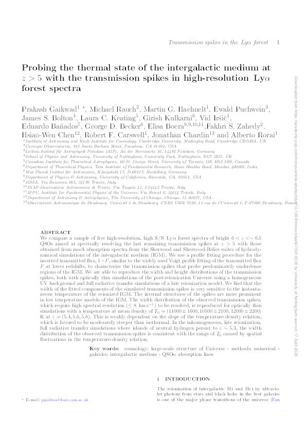 Probing the thermal state of the intergalactic medium at z > 5 with the transmission spikes in high-resolution  Lyαforest spectra Thumbnail