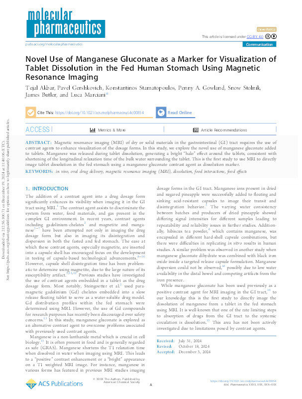 Novel Use of Manganese Gluconate as a Marker for Visualization of Tablet Dissolution in the Fed Human Stomach Using Magnetic Resonance Imaging Thumbnail