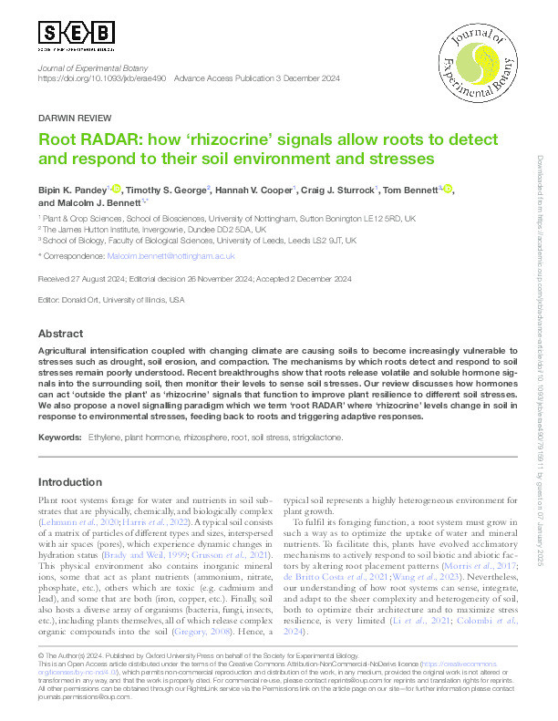 Root RADAR: how 'rhizocrine' signals allow roots to detect and respond to their soil environment and stresses Thumbnail