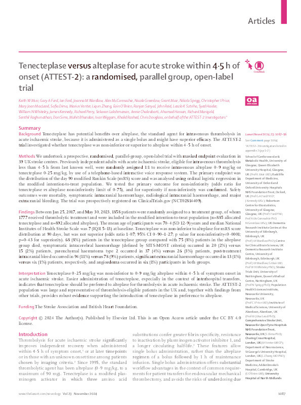 Tenecteplase versus alteplase for acute stroke within 4·5 h of onset (ATTEST-2): a randomised, parallel group, open-label trial Thumbnail