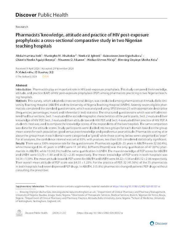 Pharmacists’ knowledge, attitude and practice of HIV post-exposure prophylaxis: a cross-sectional comparative study in two Nigerian teaching hospitals Thumbnail