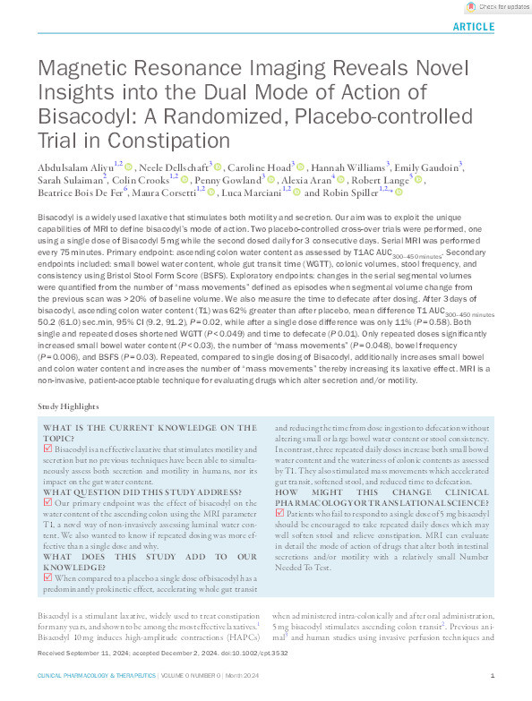 Magnetic Resonance Imaging Reveals Novel Insights into the Dual Mode of Action of Bisacodyl: A Randomized, Placebo-controlled Trial in Constipation Thumbnail