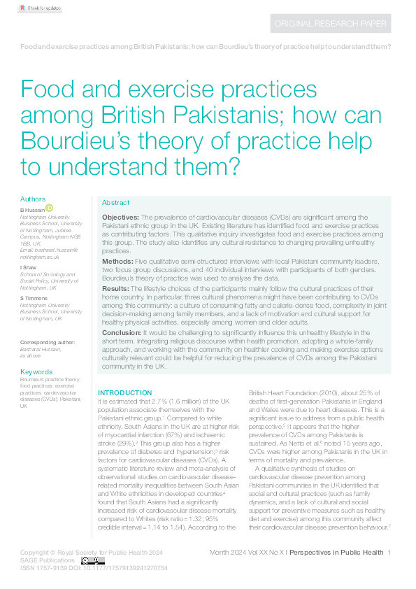 Food and exercise practices among British Pakistanis; how can Bourdieu’s theory of practice help to understand them? Thumbnail